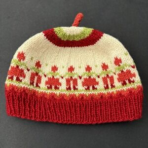 Hand Knit Made Fair Isle Wool Nordic Beanie Cap Hat Baby Cottage Core Folk Red